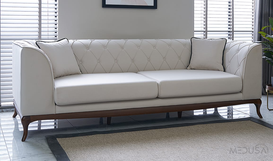 Medusa Home Mobilya - Art Walnut Beyaz Üçlü Koltuk