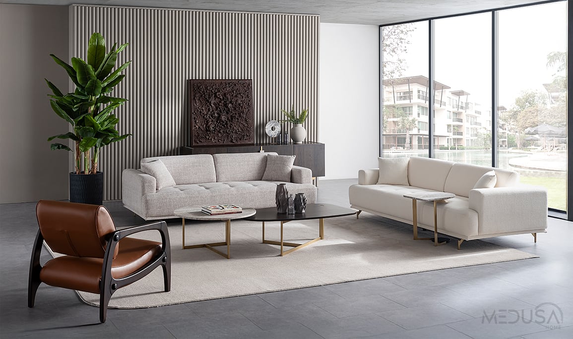 Medusa Home Mobilya - Enzo Beyaz Üçlü Koltuk