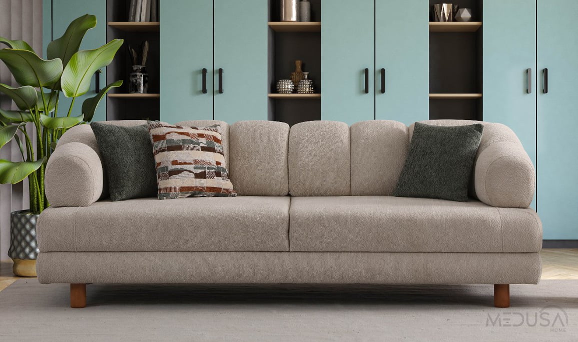Medusa Home Mobilya - Lion Bohem Sandıklı Krem Üçlü Koltuk